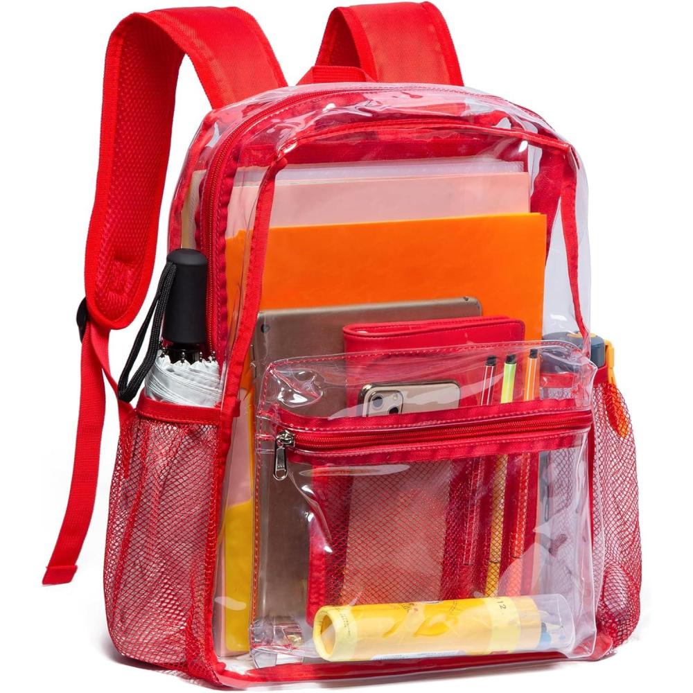 imageVorspack Clear Backpack Heavy Duty PVC Transparent Backpack with Reinforced Strap for College WorkplaceRed