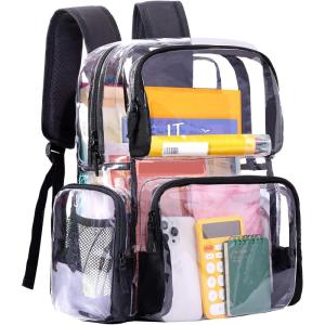 Vorspack Clear Backpack – Transparent Backpack with Reinforced Bottom & Multi-pockets for College Workplace Security – Black(Black)