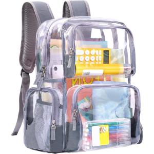 Vorspack Clear Backpack – Transparent Backpack with Reinforced Bottom & Multi-pockets for College Workplace Security – Black(Grey)