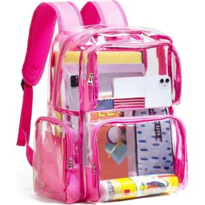 Vorspack Clear Backpack – Transparent Backpack with Reinforced Bottom & Multi-pockets for College Workplace Security – Black(Pink)