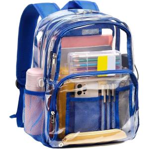 Vorspack Clear Backpack Heavy Duty – Large Clear Bookbag Transparent See Through Backpack Plastic Backpacks for College Work Travel – Black(Blue)
