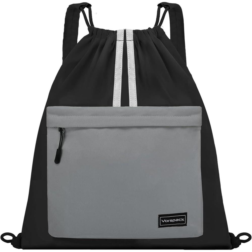 imageVorspack Drawstring Backpack  Drawstring Bag with Front Pocket Lightweight String Backpack with Reflective Strips Cinch Bag Sackpack for Gym Sport Trip Hiking  Black