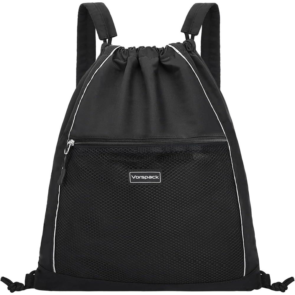imageVorspack Drawstring Backpack  Drawstring Bag with Mesh Pocket String Backpack with Reflective Strips Sackpack Cinch Bag for Sport Gym Travel  Black
