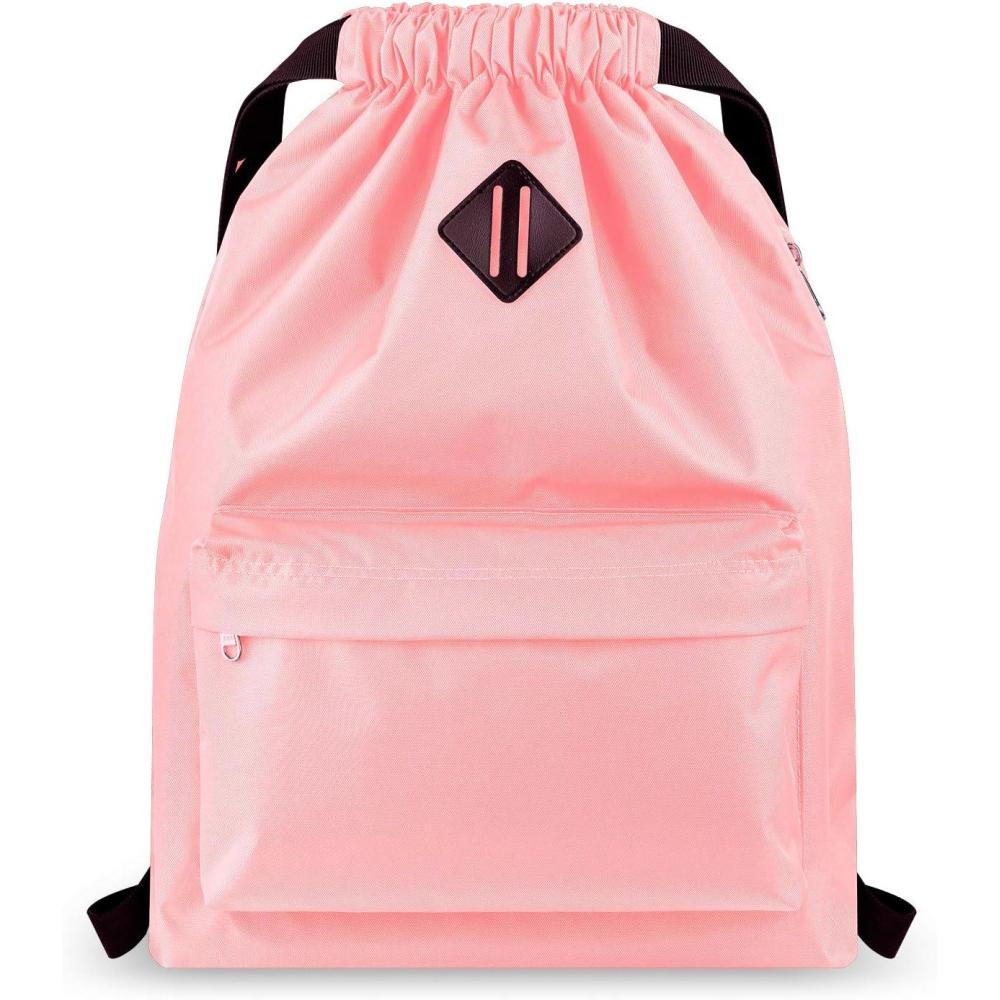 imageVorspack Drawstring Backpack Water Resistant String Bag Sports Gym Sack with Side Pocket for Men WomenPink