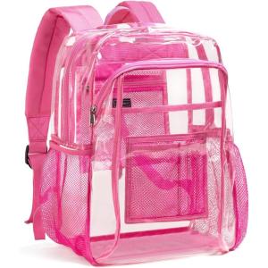 Vorspack Clear Backpack Heavy Duty – Extra Large Clear Book Bag with Multi-pockets See Through Backpack for College Workplace Travel – Black(Pink)