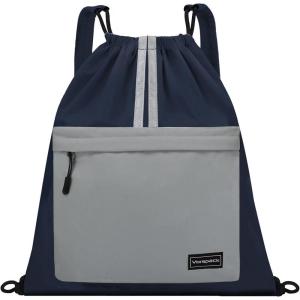 Vorspack Drawstring Backpack – Drawstring Bag with Front Pocket Lightweight String Backpack with Reflective Strips Cinch Bag Sackpack for Gym Sport Trip Hiking – Navy