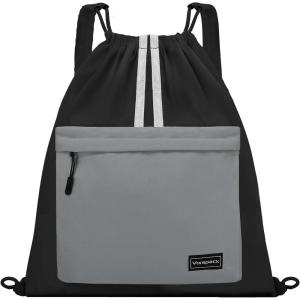 Vorspack Drawstring Backpack – Drawstring Bag with Front Pocket Lightweight String Backpack with Reflective Strips Cinch Bag Sackpack for Gym Sport Trip Hiking – Black