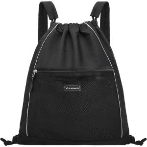 Vorspack Drawstring Backpack – Drawstring Bag with Mesh Pocket String Backpack with Reflective Strips Sackpack Cinch Bag for Sport Gym Travel – Black