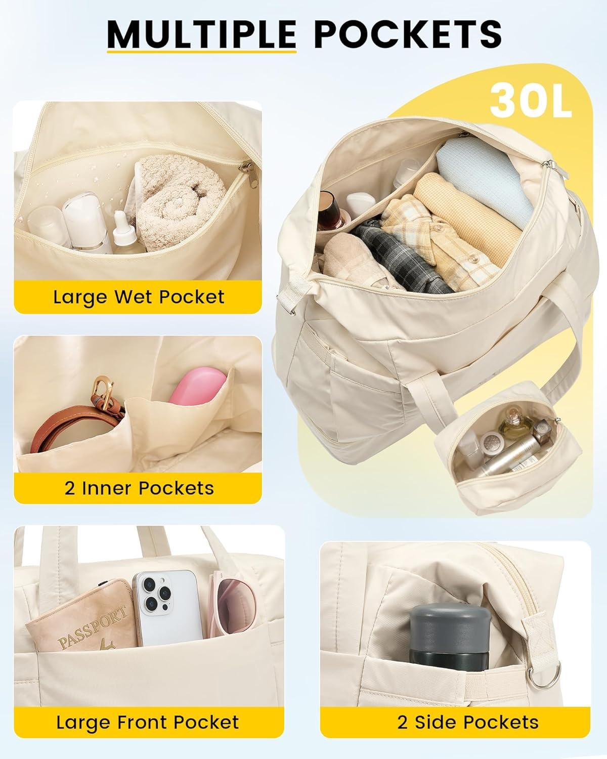 imageVorspack Duffle Bag for Travel 30L Gym Bag for Women Men Personal Item Travel Bag with Shoe Pocket Toiletry Bag Lightweight Carry On Bag for Weekender Overnight Sports BlackBeige