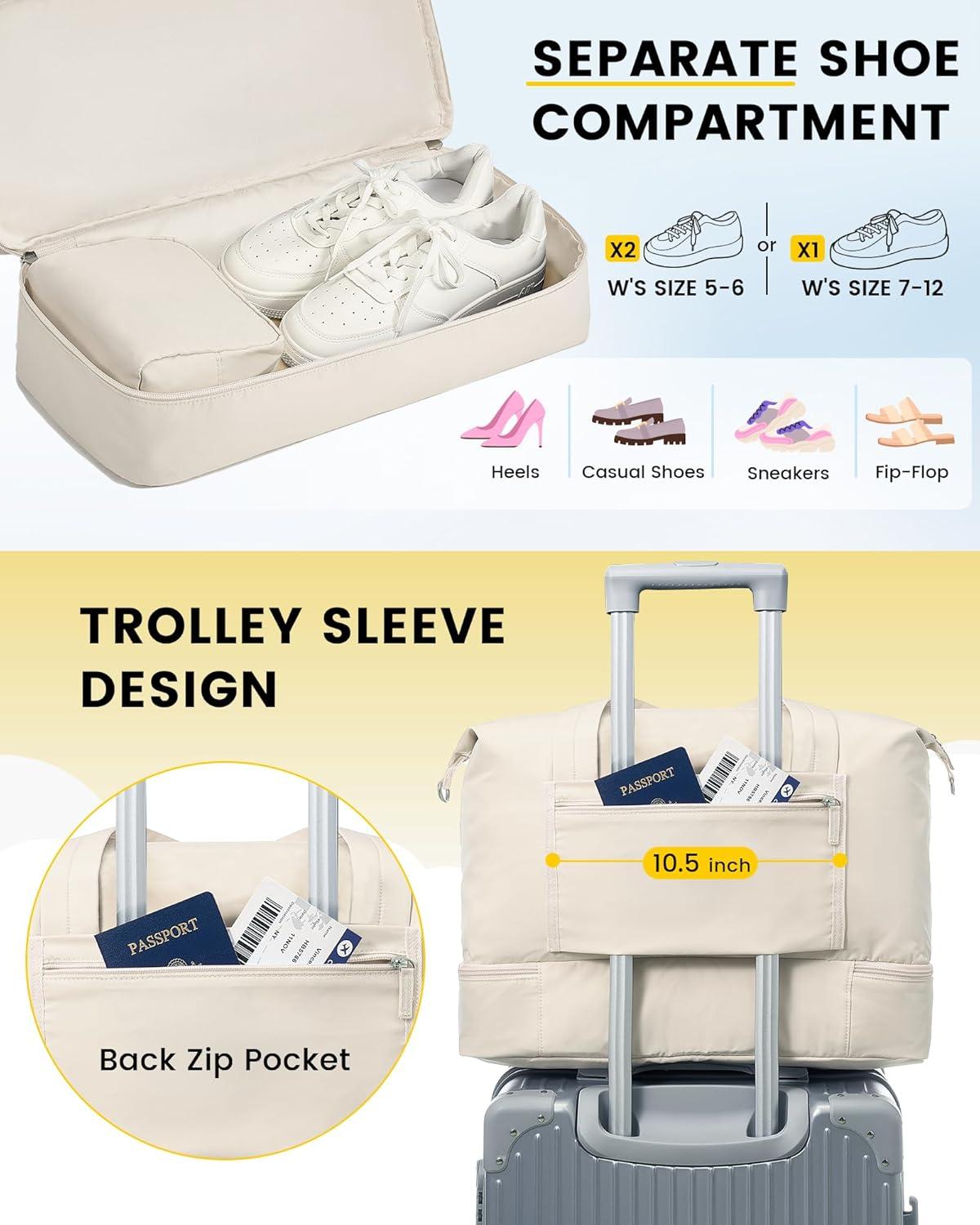 imageVorspack Duffle Bag for Travel 30L Gym Bag for Women Men Personal Item Travel Bag with Shoe Pocket Toiletry Bag Lightweight Carry On Bag for Weekender Overnight Sports BlackBeige