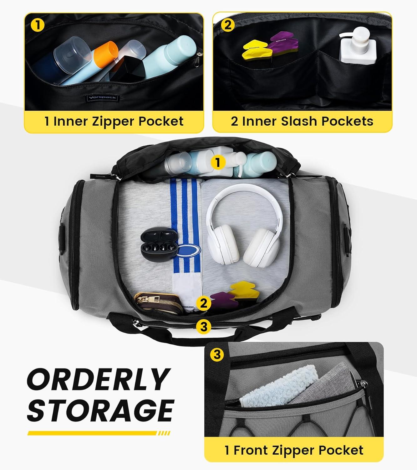 imageVorspack Gym Bag for Men 18 Inches Duffle Bag for Travel Duffel Bag with Shoe Compartment Lightweight Travel Bag for Gym Sports Overnight Weekender BlackGrey