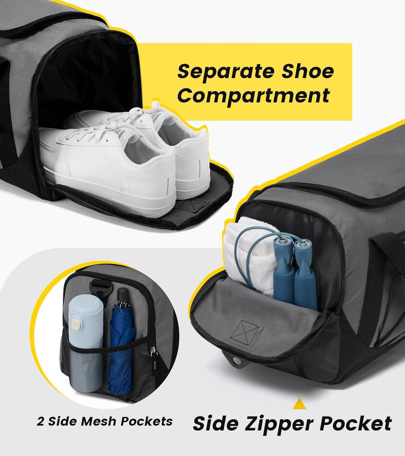 imageVorspack Gym Bag for Men 18 Inches Duffle Bag for Travel Duffel Bag with Shoe Compartment Lightweight Travel Bag for Gym Sports Overnight Weekender BlackGrey