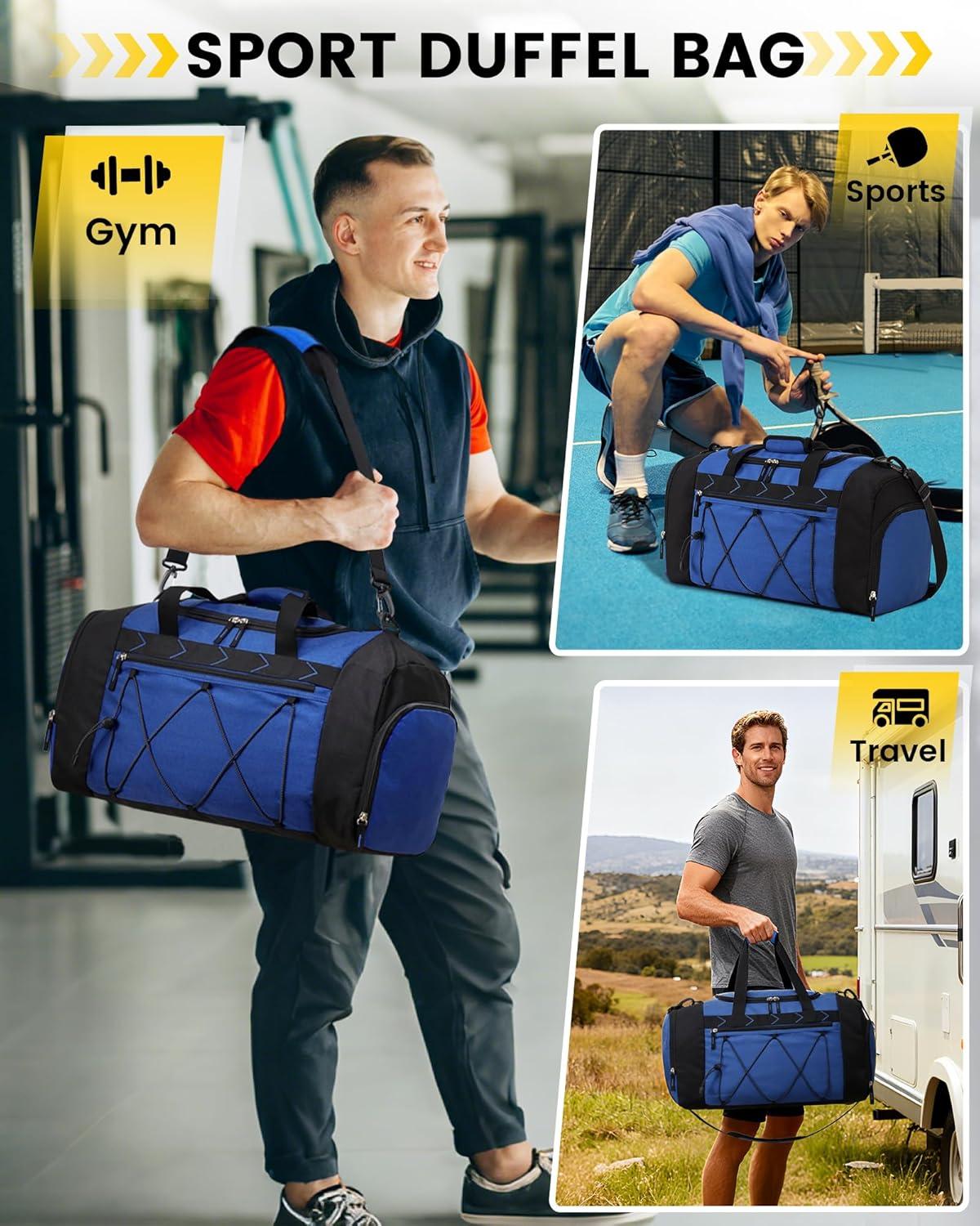 imageVorspack Gym Bag for Men 21 Inches Duffle Bag for Travel Waterresistant Travel Bag with Shoe Compartment Wet Pocket Duffel Bag for Gym Sports Travel Weekender Overnight BlackBlue
