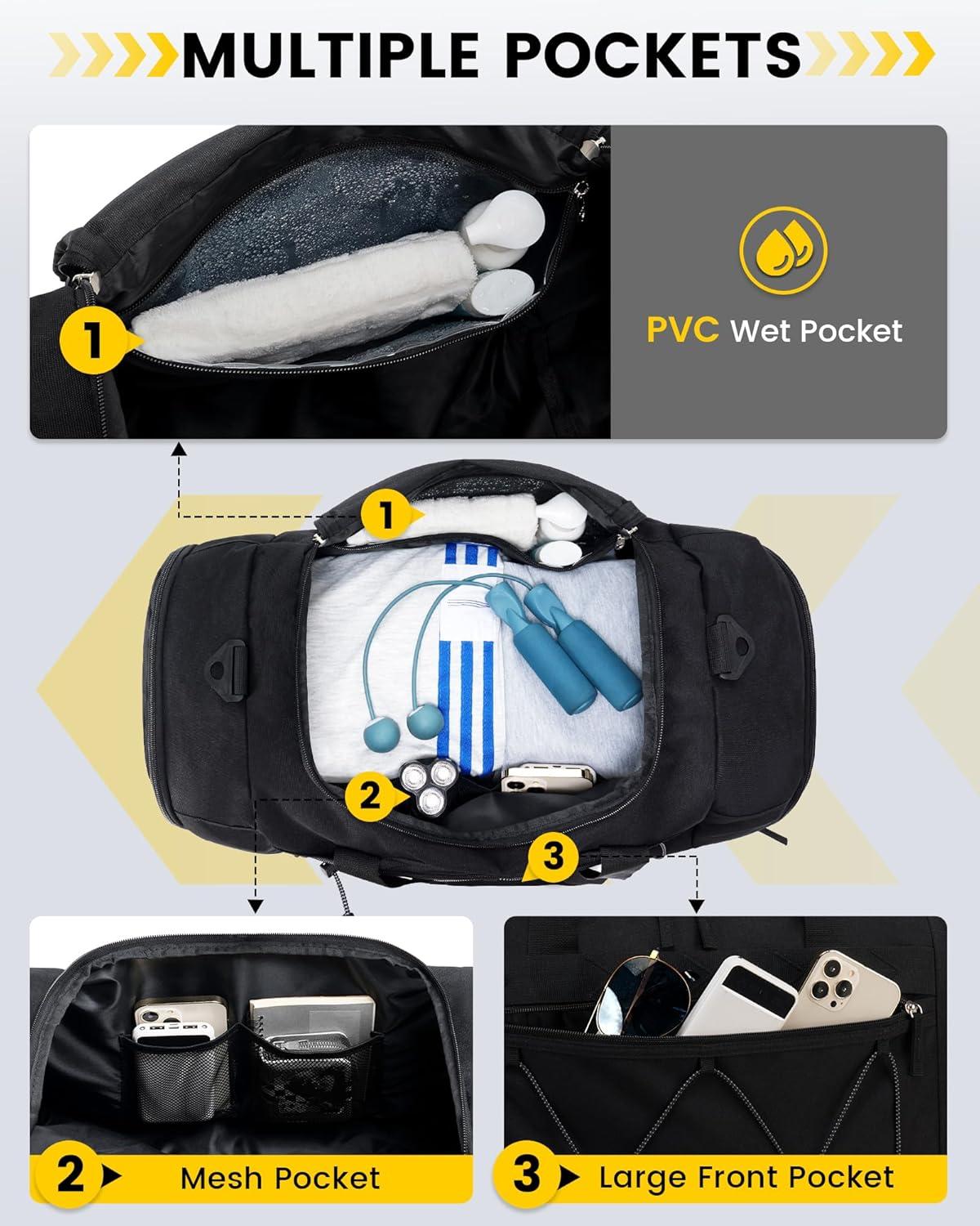 imageVorspack Gym Bag for Men 21 Inches Duffle Bag for Travel Waterresistant Travel Bag with Shoe Compartment Wet Pocket Duffel Bag for Gym Sports Travel Weekender Overnight BlackBlack