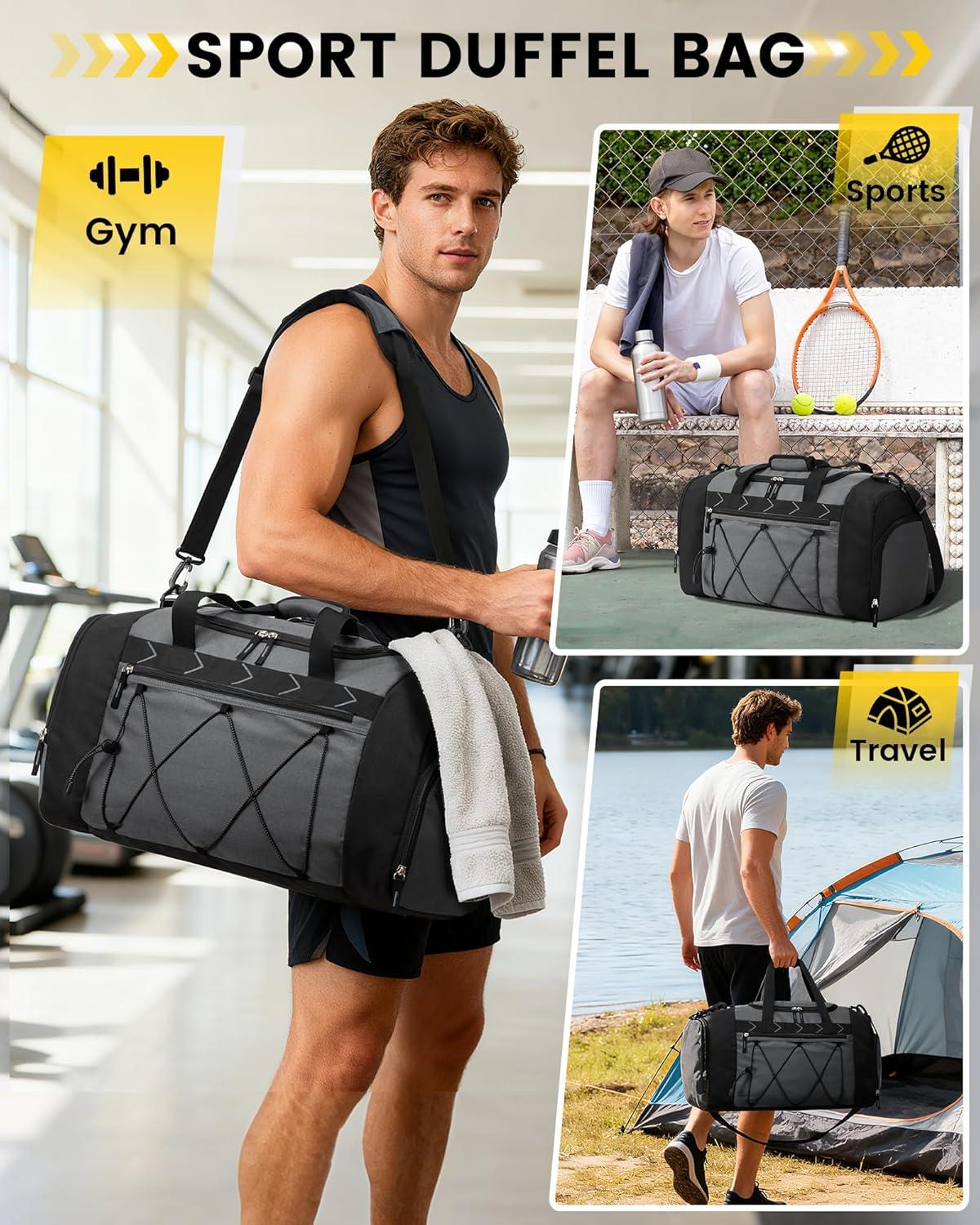 imageVorspack Gym Bag for Men 21 Inches Duffle Bag for Travel Waterresistant Travel Bag with Shoe Compartment Wet Pocket Duffel Bag for Gym Sports Travel Weekender Overnight BlackGrey