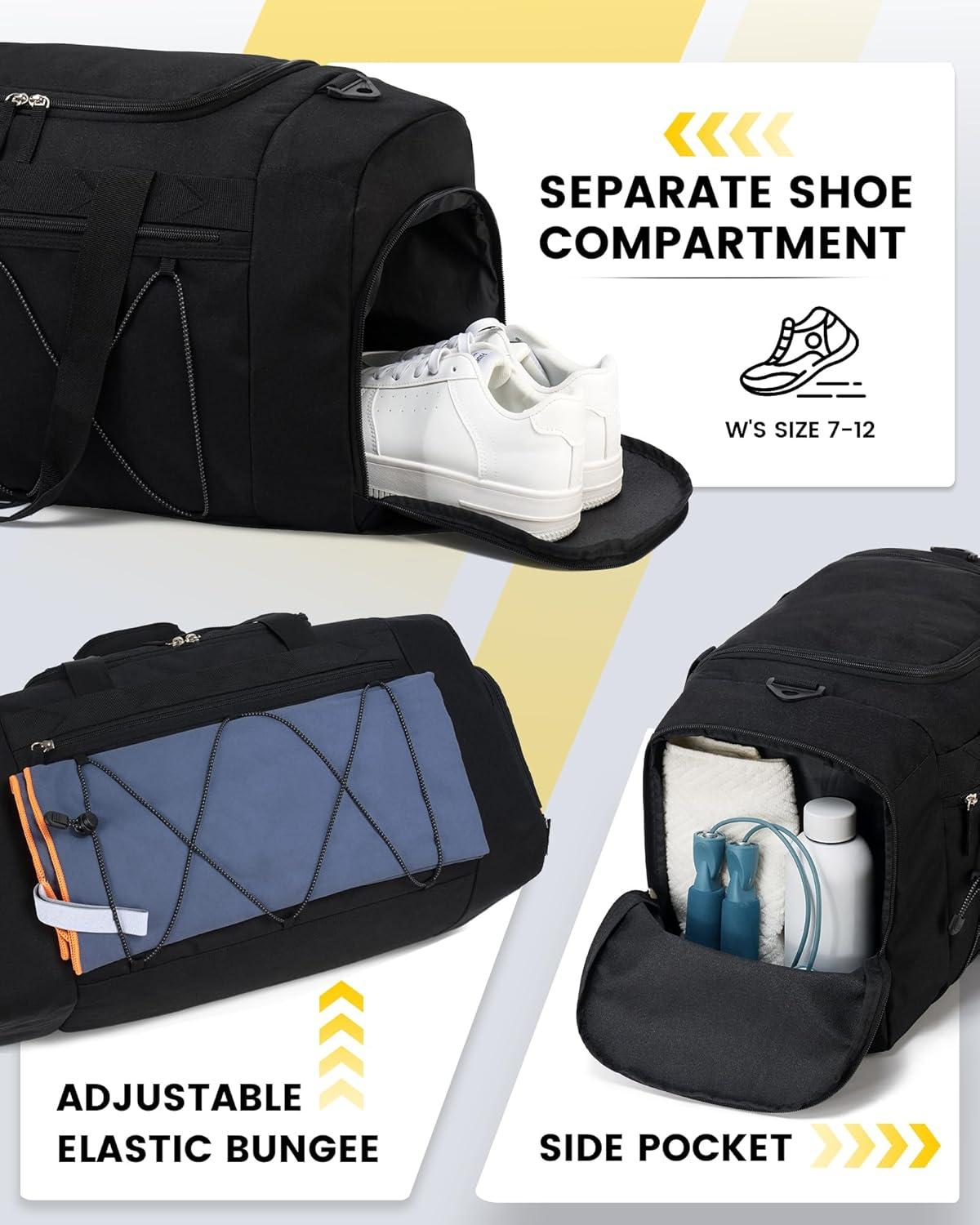 imageVorspack Gym Bag for Men 21 Inches Duffle Bag for Travel Waterresistant Travel Bag with Shoe Compartment Wet Pocket Duffel Bag for Gym Sports Travel Weekender Overnight BlackBlack