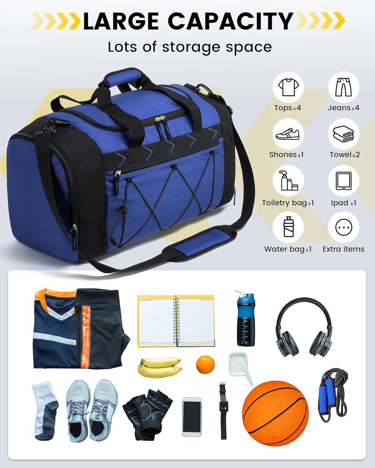 imageVorspack Gym Bag for Men 21 Inches Duffle Bag for Travel Waterresistant Travel Bag with Shoe Compartment Wet Pocket Duffel Bag for Gym Sports Travel Weekender Overnight BlackBlue