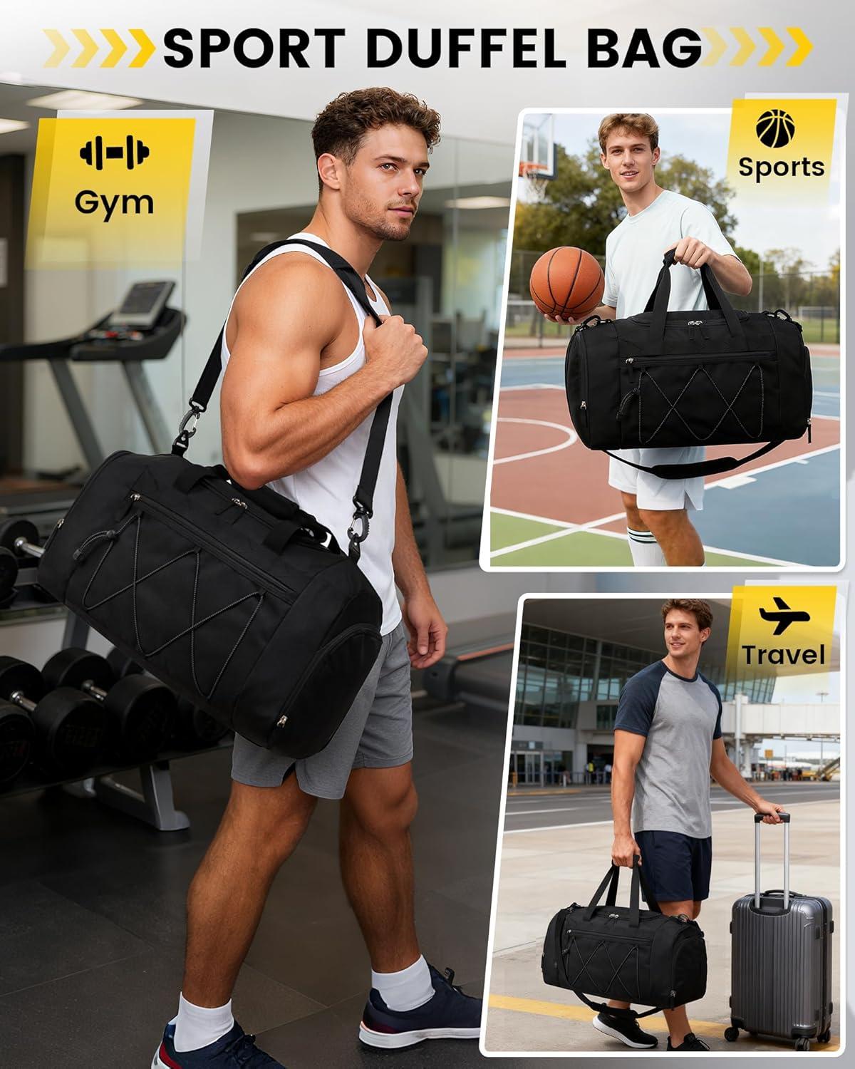 imageVorspack Gym Bag for Men 21 Inches Duffle Bag for Travel Waterresistant Travel Bag with Shoe Compartment Wet Pocket Duffel Bag for Gym Sports Travel Weekender Overnight BlackBlack