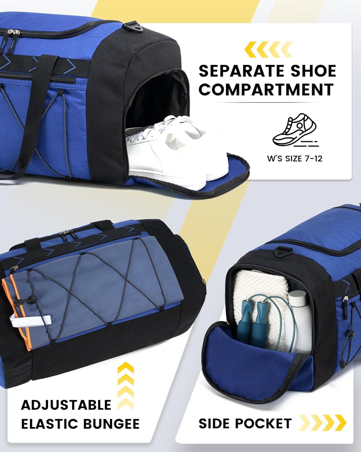 imageVorspack Gym Bag for Men 21 Inches Duffle Bag for Travel Waterresistant Travel Bag with Shoe Compartment Wet Pocket Duffel Bag for Gym Sports Travel Weekender Overnight BlackBlue