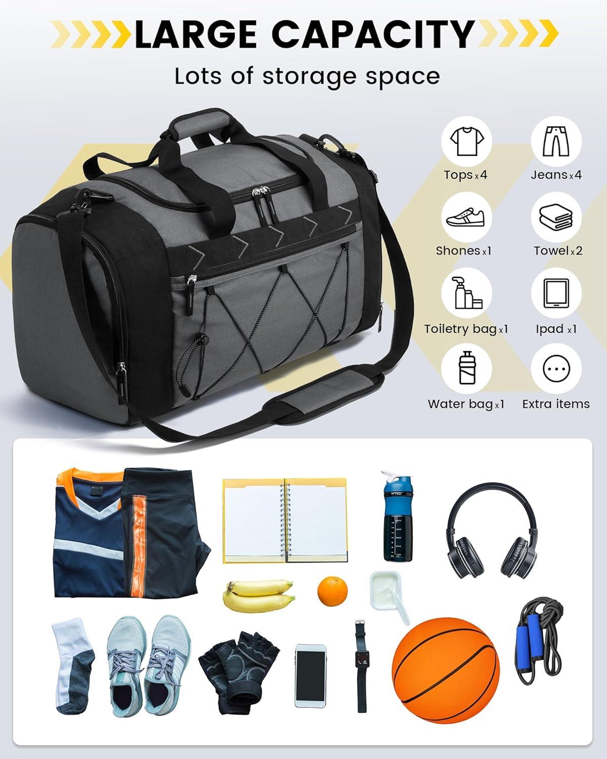 imageVorspack Gym Bag for Men 21 Inches Duffle Bag for Travel Waterresistant Travel Bag with Shoe Compartment Wet Pocket Duffel Bag for Gym Sports Travel Weekender Overnight BlackGrey
