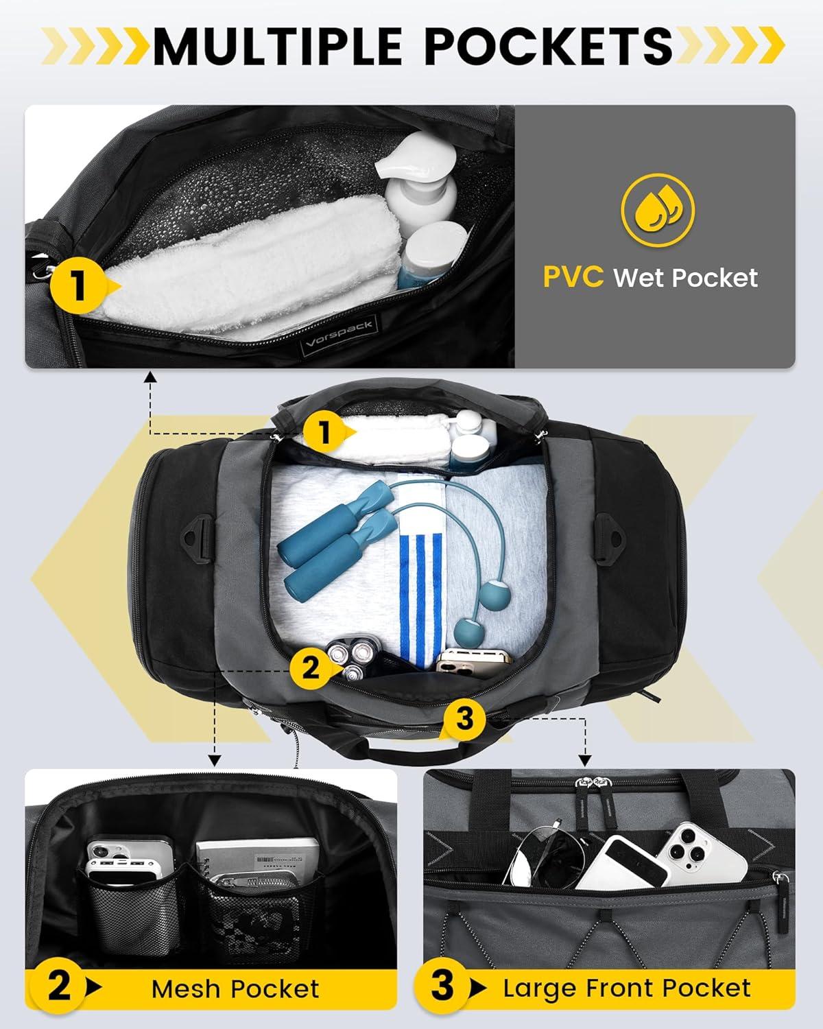 imageVorspack Gym Bag for Men 21 Inches Duffle Bag for Travel Waterresistant Travel Bag with Shoe Compartment Wet Pocket Duffel Bag for Gym Sports Travel Weekender Overnight BlackGrey