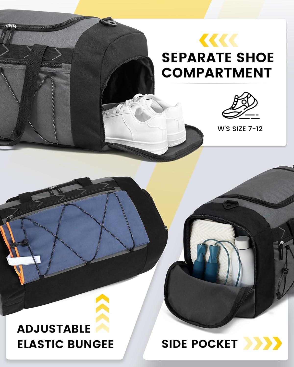 imageVorspack Gym Bag for Men 21 Inches Duffle Bag for Travel Waterresistant Travel Bag with Shoe Compartment Wet Pocket Duffel Bag for Gym Sports Travel Weekender Overnight BlackGrey