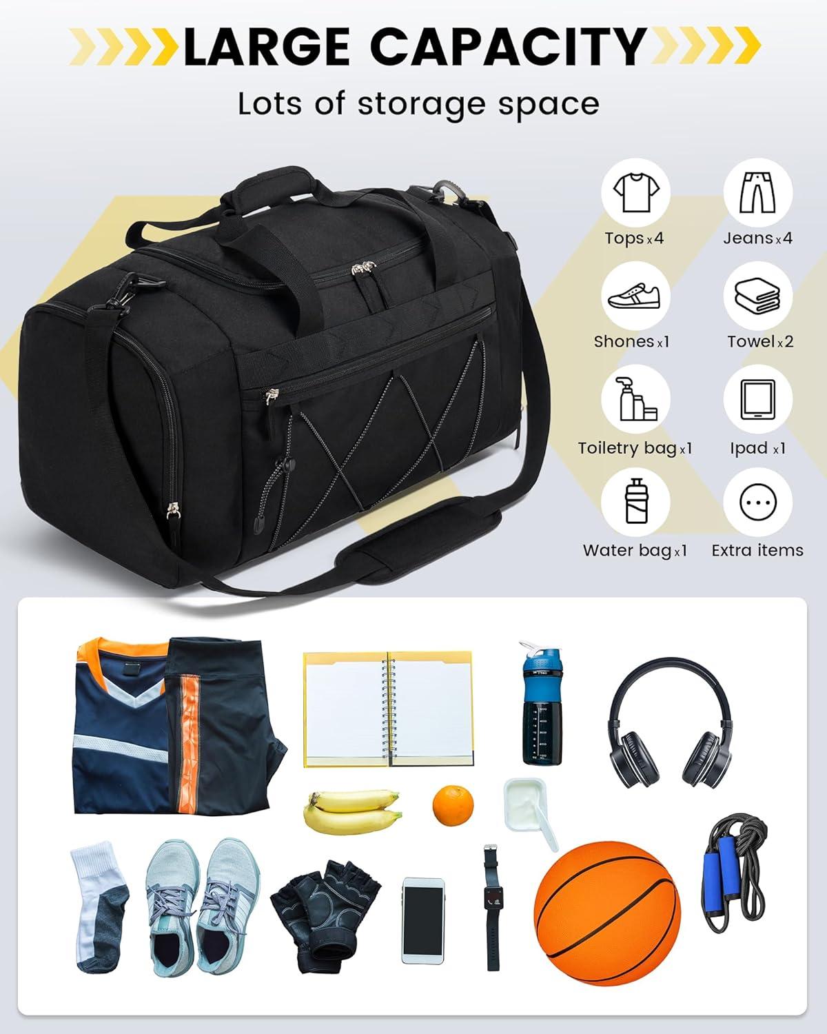 imageVorspack Gym Bag for Men 21 Inches Duffle Bag for Travel Waterresistant Travel Bag with Shoe Compartment Wet Pocket Duffel Bag for Gym Sports Travel Weekender Overnight BlackBlack