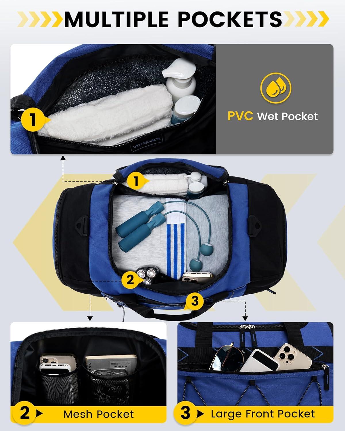 imageVorspack Gym Bag for Men 21 Inches Duffle Bag for Travel Waterresistant Travel Bag with Shoe Compartment Wet Pocket Duffel Bag for Gym Sports Travel Weekender Overnight BlackBlue