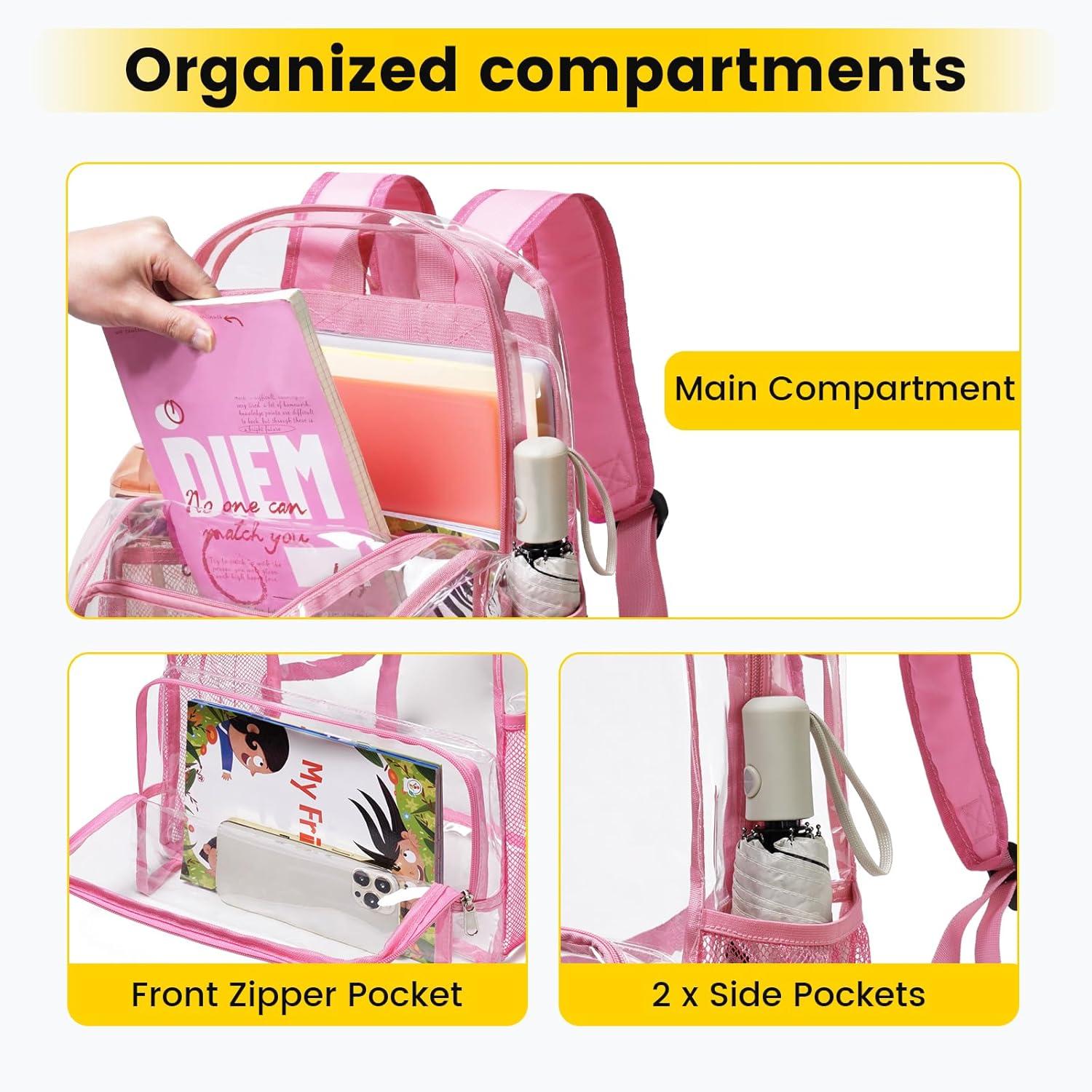 imageVorspack Clear Backpack Heavy Duty Large Clear Backpacks for School See Through Bookbag for Girls Boys Transparent Bag for Work Concert College BlackPink