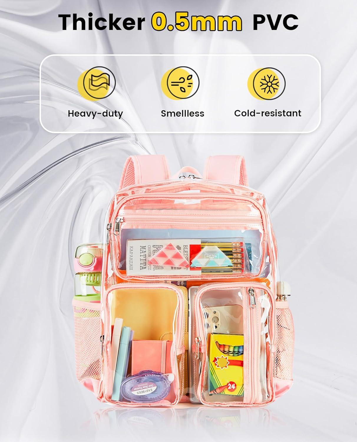 imageVorspack Clear Backpack for School Heavy Duty See Through Bookbag for Girls Boys Large Transparent Backpacks for Work Travel Festival PurplePink