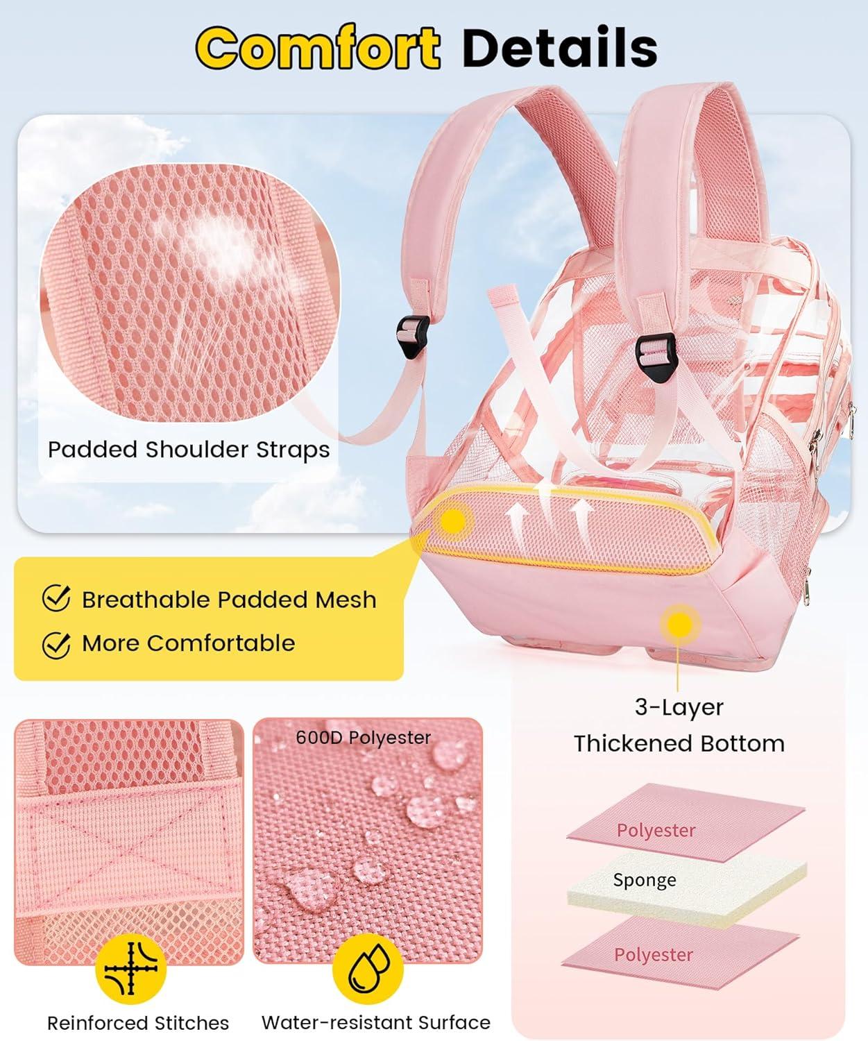 imageVorspack Clear Backpack for School Heavy Duty See Through Bookbag for Girls Boys Large Transparent Backpacks for Work Travel Festival PurplePink