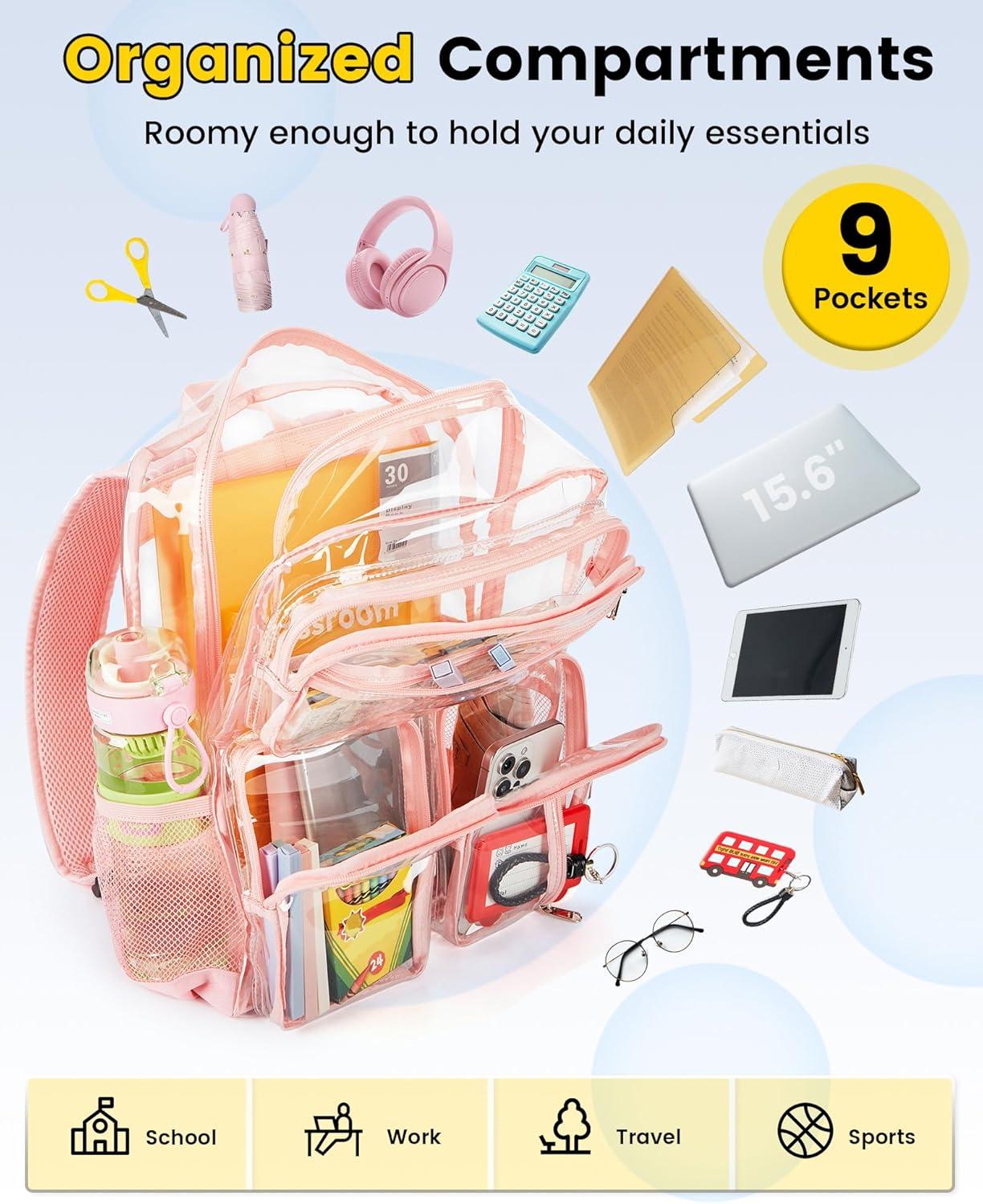 imageVorspack Clear Backpack for School Heavy Duty See Through Bookbag for Girls Boys Large Transparent Backpacks for Work Travel Festival PurplePink