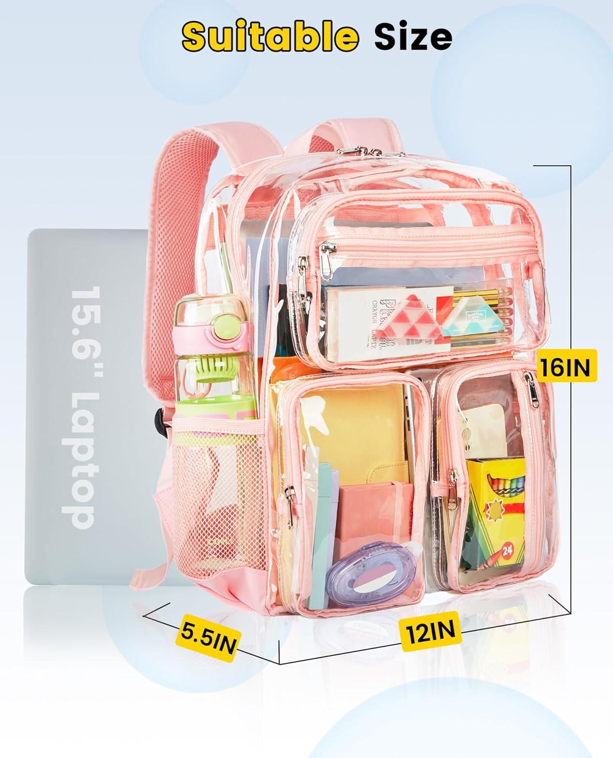 imageVorspack Clear Backpack for School Heavy Duty See Through Bookbag for Girls Boys Large Transparent Backpacks for Work Travel Festival PurplePink