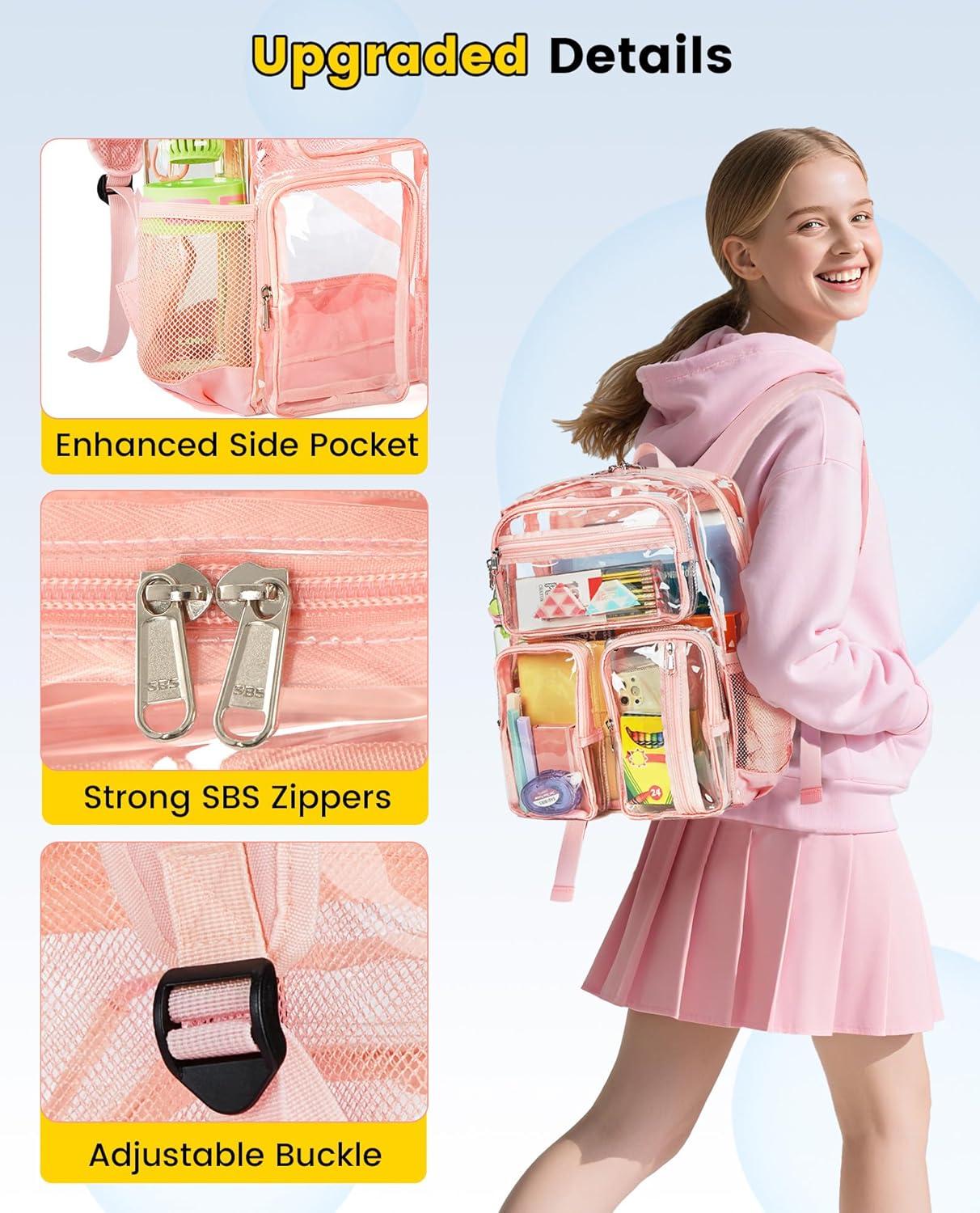 imageVorspack Clear Backpack for School Heavy Duty See Through Bookbag for Girls Boys Large Transparent Backpacks for Work Travel Festival PurplePink