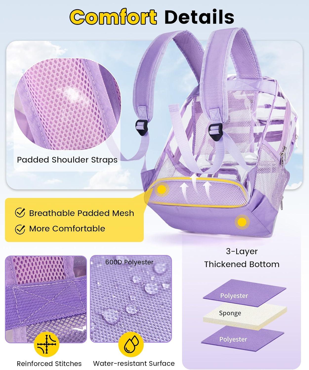 imageVorspack Clear Backpack for School Heavy Duty See Through Bookbag for Girls Boys Large Transparent Backpacks for Work Travel Festival PurplePurple