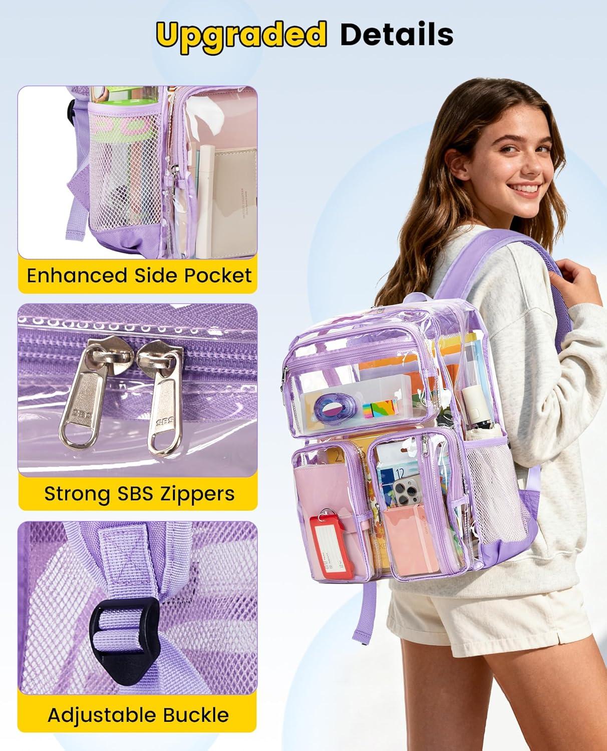 imageVorspack Clear Backpack for School Heavy Duty See Through Bookbag for Girls Boys Large Transparent Backpacks for Work Travel Festival PurplePurple