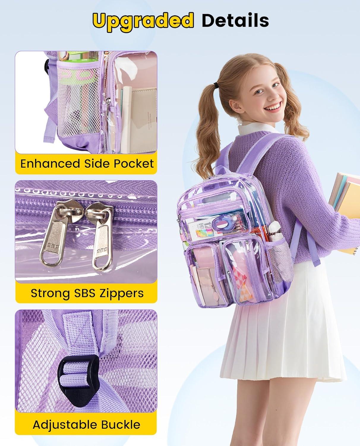 imageVorspack Clear Backpack for School Heavy Duty See Through Bookbag for Girls Boys Large Transparent Backpacks for Work Travel Festival PurplePurple