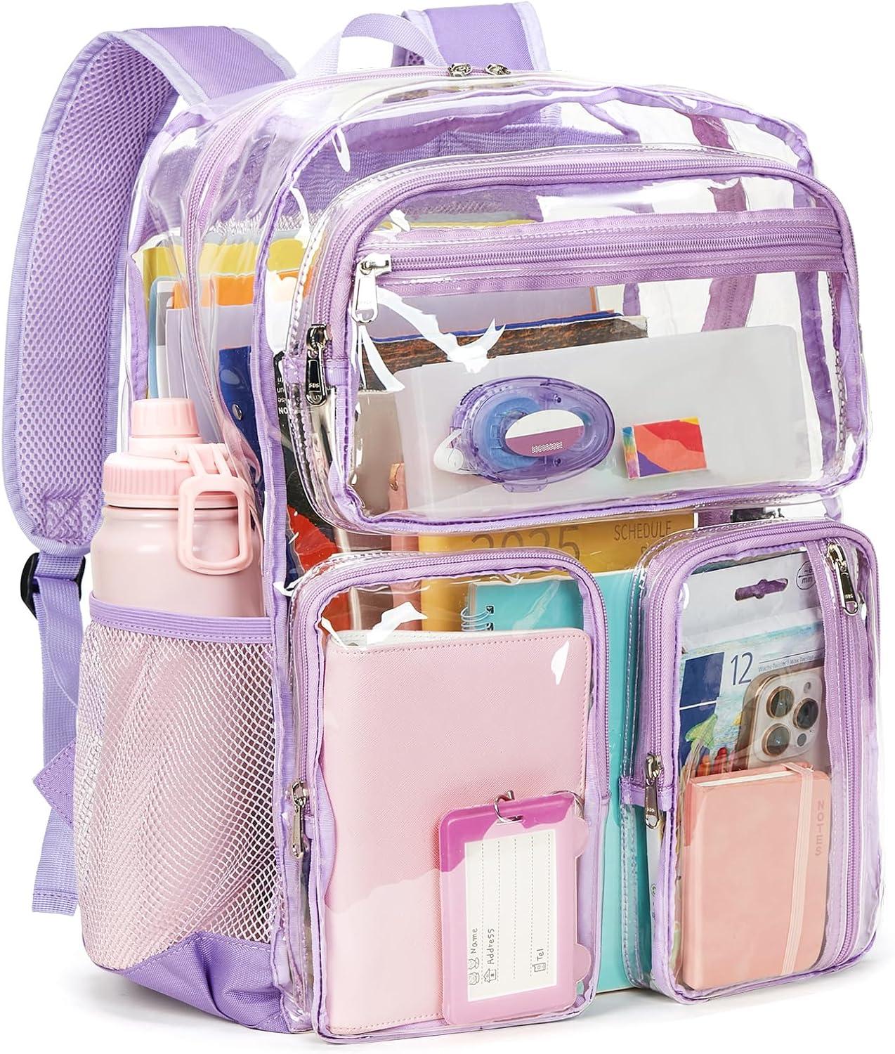 imageVorspack Clear Backpack for School Heavy Duty See Through Bookbag for Girls Boys Large Transparent Backpacks for Work Travel Festival PurplePurple