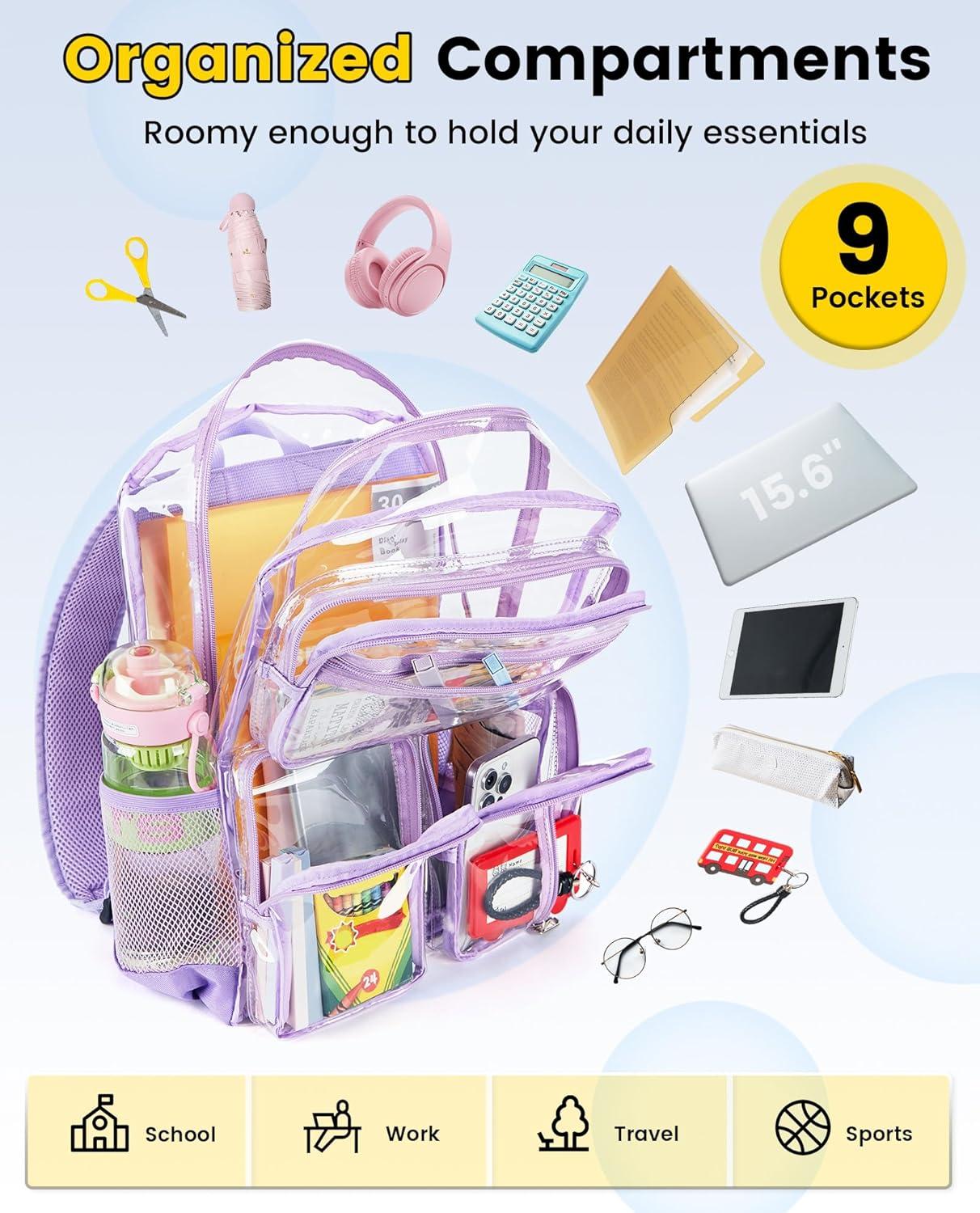 imageVorspack Clear Backpack for School Heavy Duty See Through Bookbag for Girls Boys Large Transparent Backpacks for Work Travel Festival PurplePurple