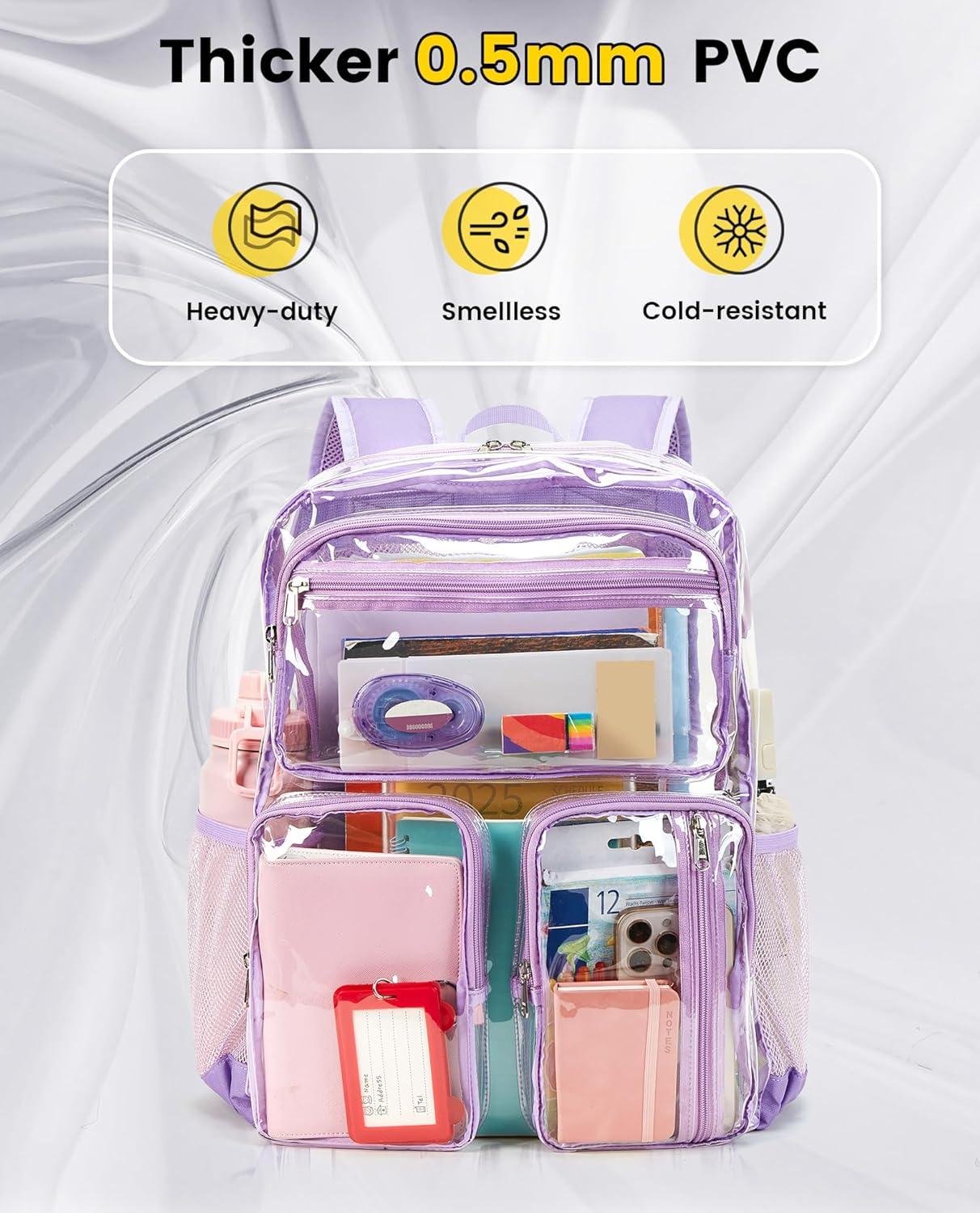 imageVorspack Clear Backpack for School Heavy Duty See Through Bookbag for Girls Boys Large Transparent Backpacks for Work Travel Festival PurplePurple