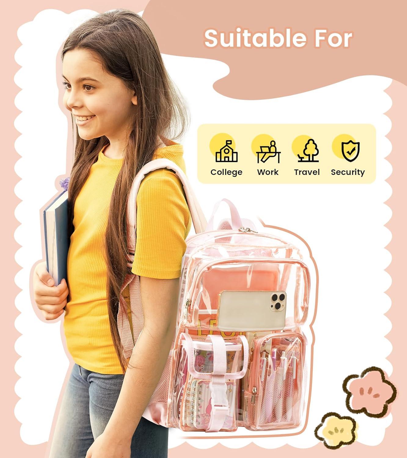 imageVorspack Clear Backpack for School Heavy Duty Transparent Bookbag for Girls Boys Large See Through backpacks for Work College Travel PinkPink