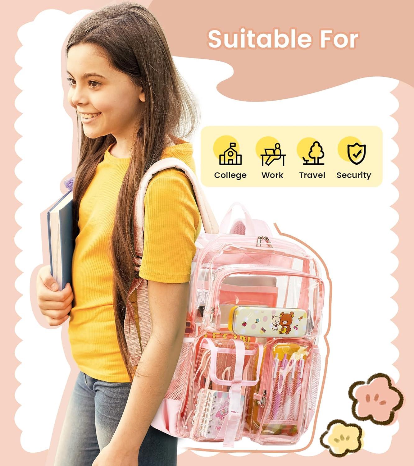 imageVorspack Clear Backpack for School Heavy Duty Transparent Bookbag for Girls Boys Large See Through backpacks for Work College Travel PinkPink