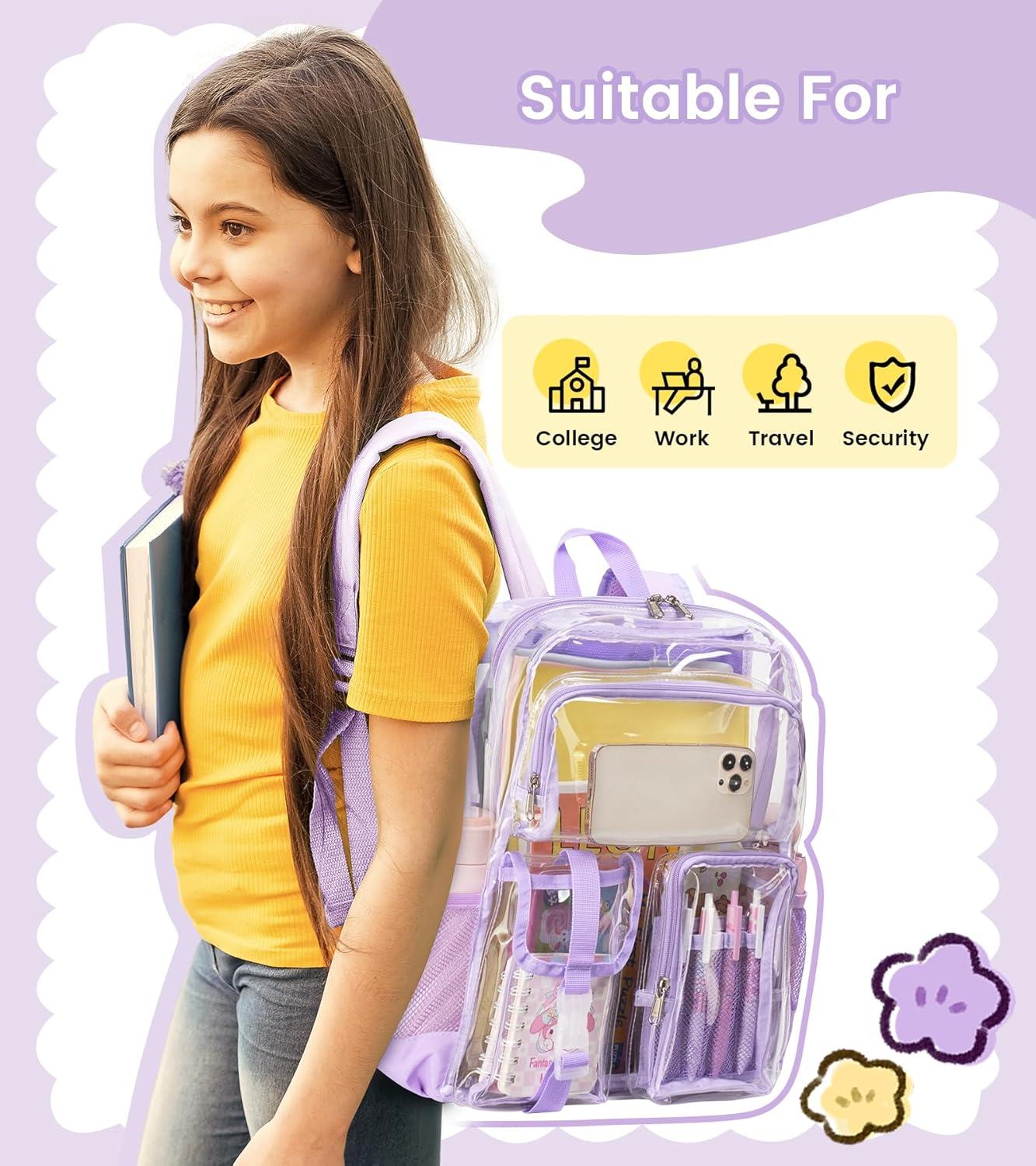 imageVorspack Clear Backpack for School Heavy Duty Transparent Bookbag for Girls Boys Large See Through backpacks for Work College Travel PinkPurple