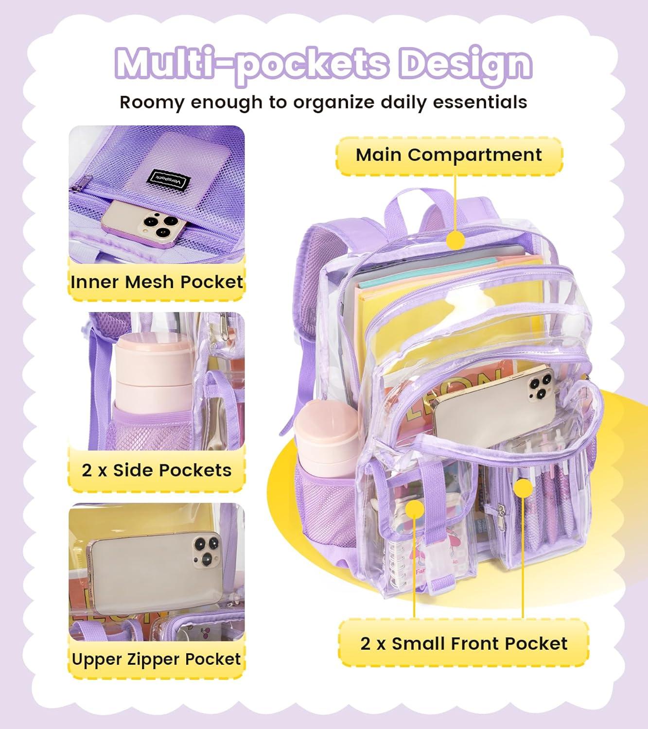 imageVorspack Clear Backpack for School Heavy Duty Transparent Bookbag for Girls Boys Large See Through backpacks for Work College Travel PinkPurple