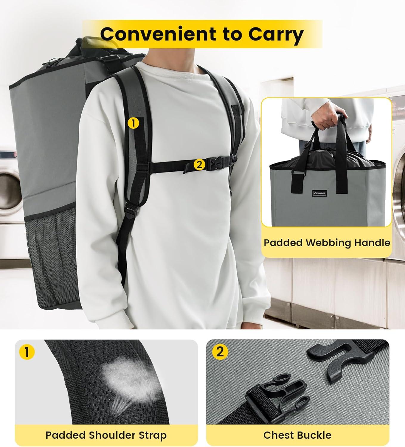 imageVorspack Laundry Bag Backpack Extra Large Laundry Bags with Shoulder Straps Heavyduty 2 in 1 Laundry Hamper Basket for College Dorm Camp Laundromat Room Essentials BlackGrey