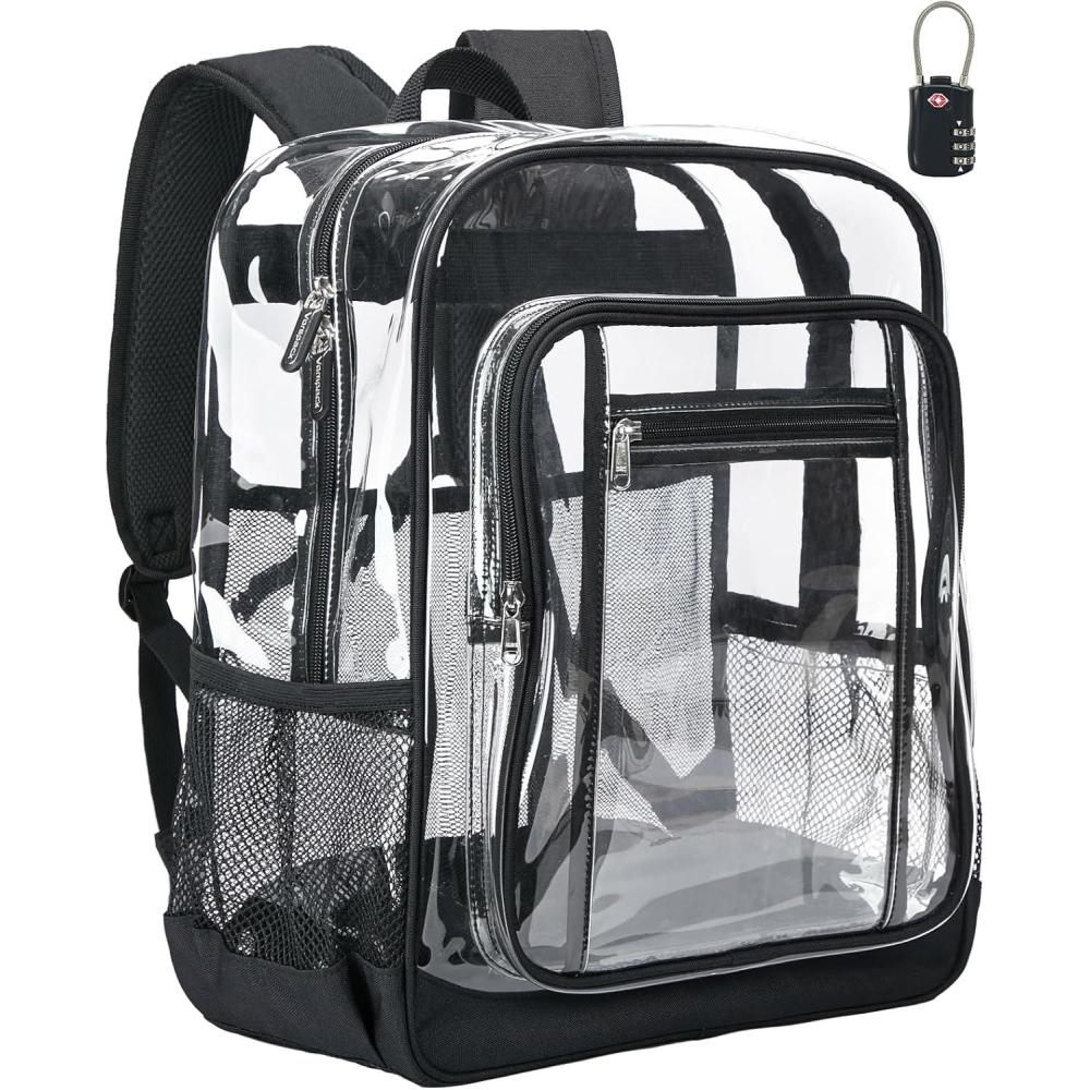 imageVorspack Clear Backpack Heavy Duty  Extra Large Clear Backpacks with TSA Lock Transparent See Through Bookbag for School Work College Travel  BlackBlack