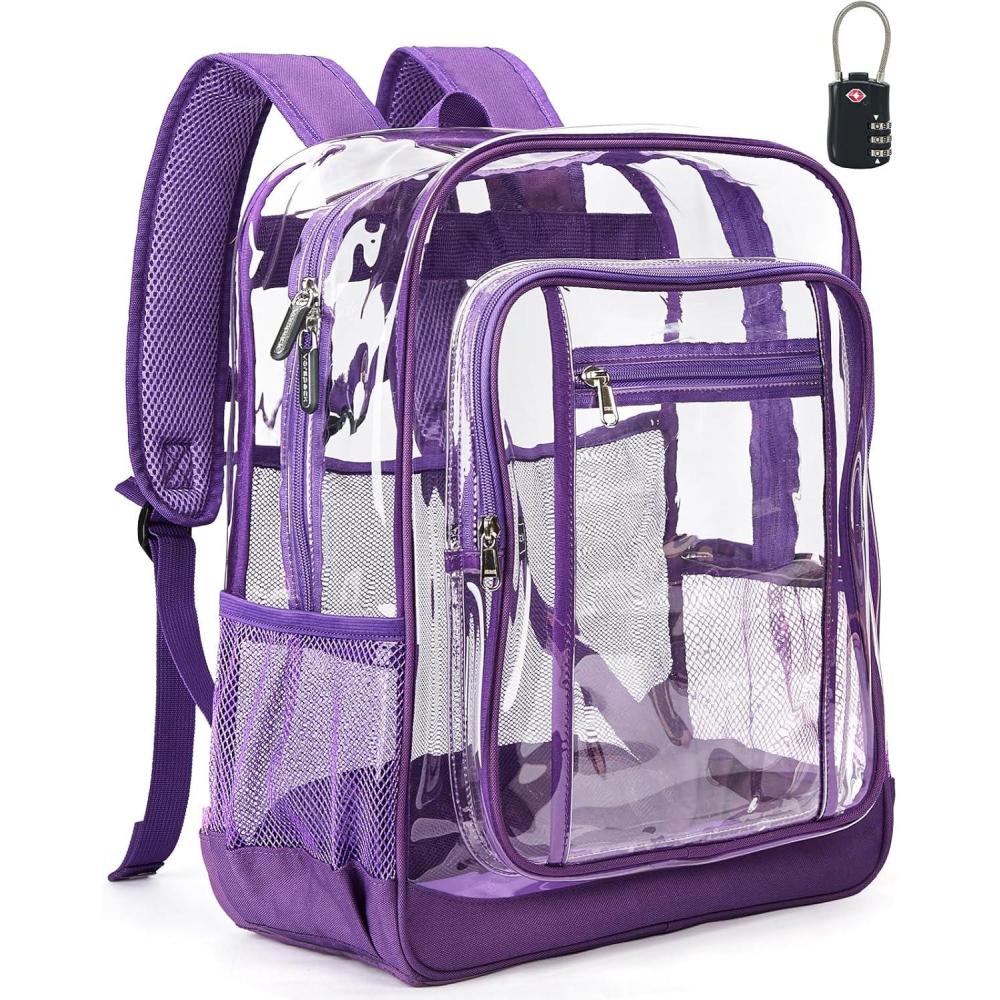 imageVorspack Clear Backpack Heavy Duty Extra Large Clear Backpacks with TSA Lock Transparent See Through Bookbag for School Work College Travel BlackPurple
