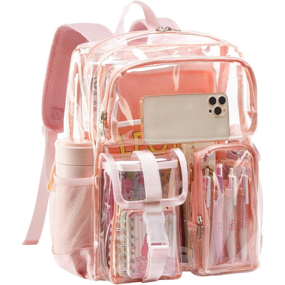 imageVorspack Clear Backpack for School Heavy Duty Transparent Bookbag for Girls Boys Large See Through backpacks for Work College Travel PinkPink