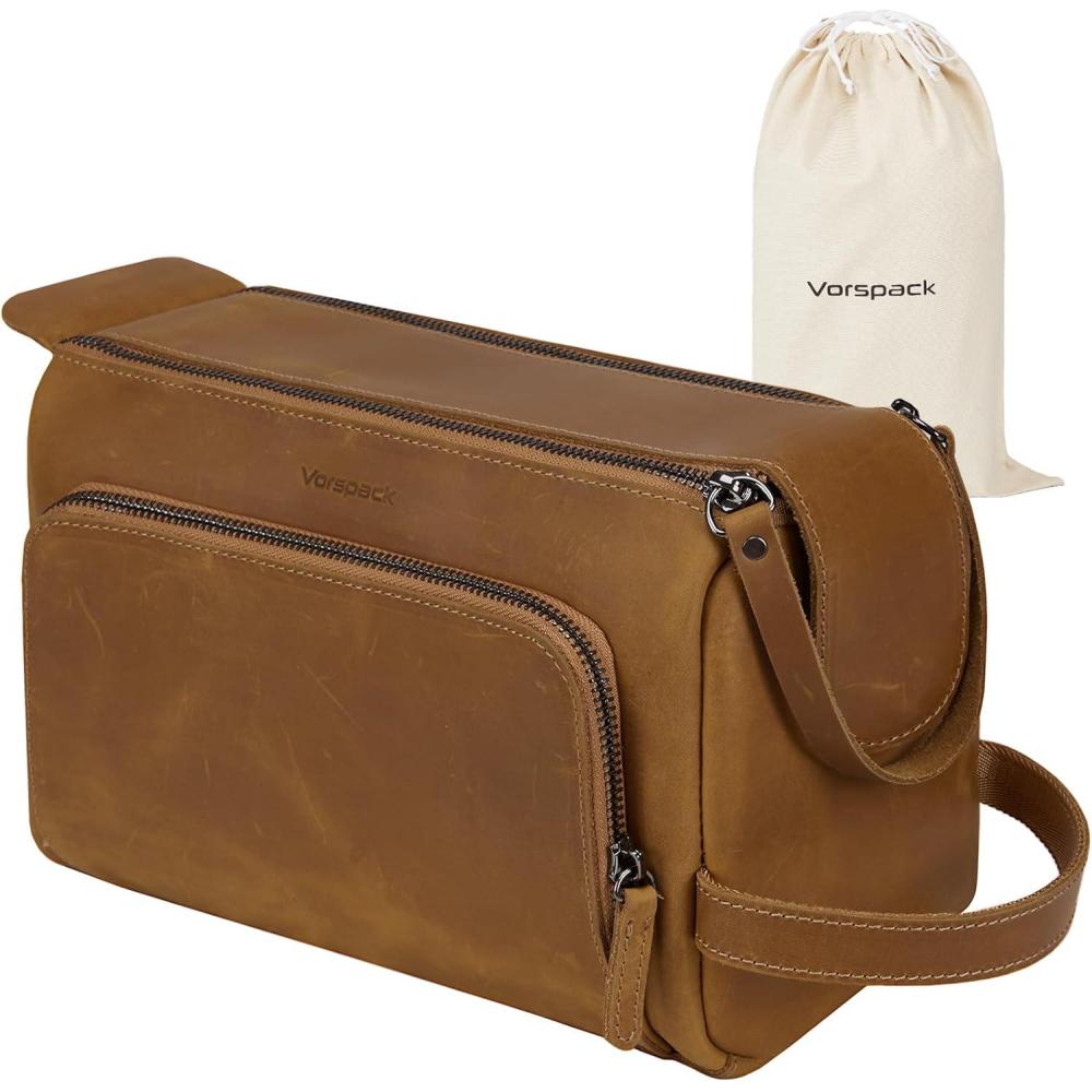 imageVorspack Genuine Leather Toiletry Bag for Men  Water Resistant Travel Bag for Toiletries Essentials Accessories  Dark BrownLight Brown