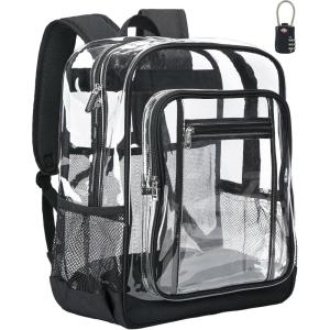 Vorspack Clear Backpack Heavy Duty – Extra Large Clear Backpacks with TSA Lock Transparent See Through Bookbag for School, Work, College, Travel – Black(Black)